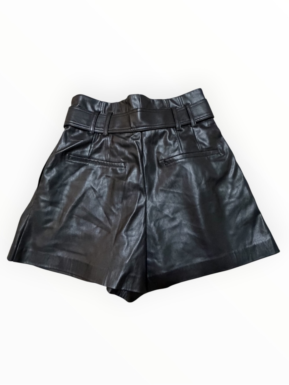 ZARA Black High Waist Faux Leather Pleated Shorts Belt S Vegan Classic Timeless - Picture 3 of 8